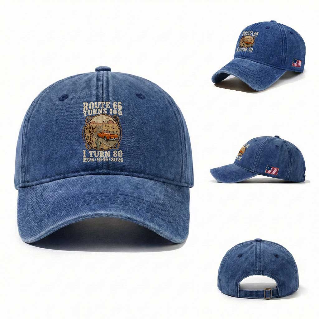 Route Highway 66 Turns 100 I Turn 80 Washed Cotton Baseball Cap Vintage 1946 Road Sign Classic Pickup Truck Lover 80th Birthday Gift