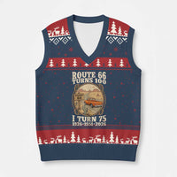 Route Highway 66 Turns 100 I Turn 75 V-Neck Knit Sweater Vest Vintage 1951 Road Sign Classic Pickup Truck Lover 75th Birthday Gift