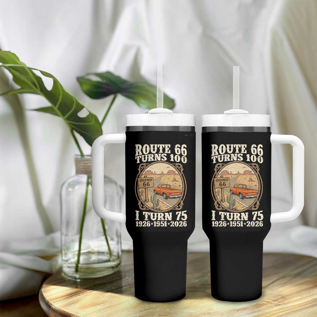 Route Highway 66 Turns 100 I Turn 75 Tumbler With Handle Vintage 1951 Road Sign Classic Pickup Truck Lover 75th Birthday Gift