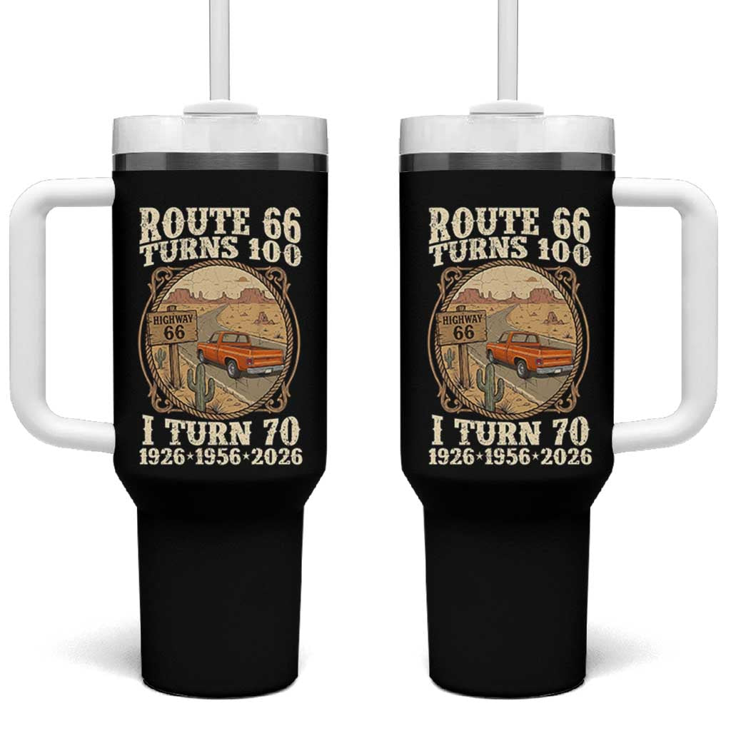 Route Highway 66 Turns 100 I Turn 70 Tumbler With Handle Vintage 1956 Road Sign Classic Pickup Truck Lover 70th Birthday Gift