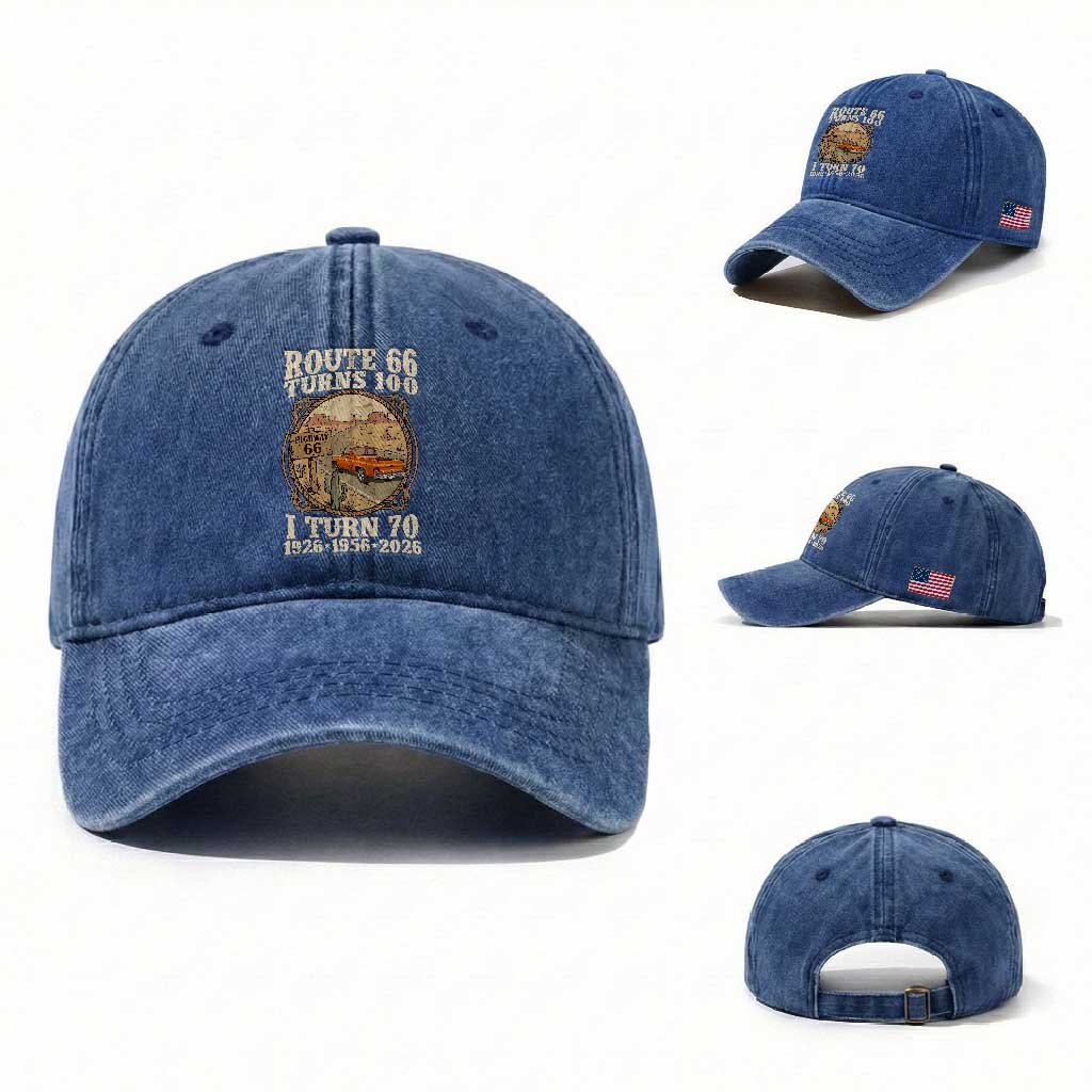 Route Highway 66 Turns 100 I Turn 70 Washed Cotton Baseball Cap Vintage 1956 Road Sign Classic Pickup Truck Lover 70th Birthday Gift