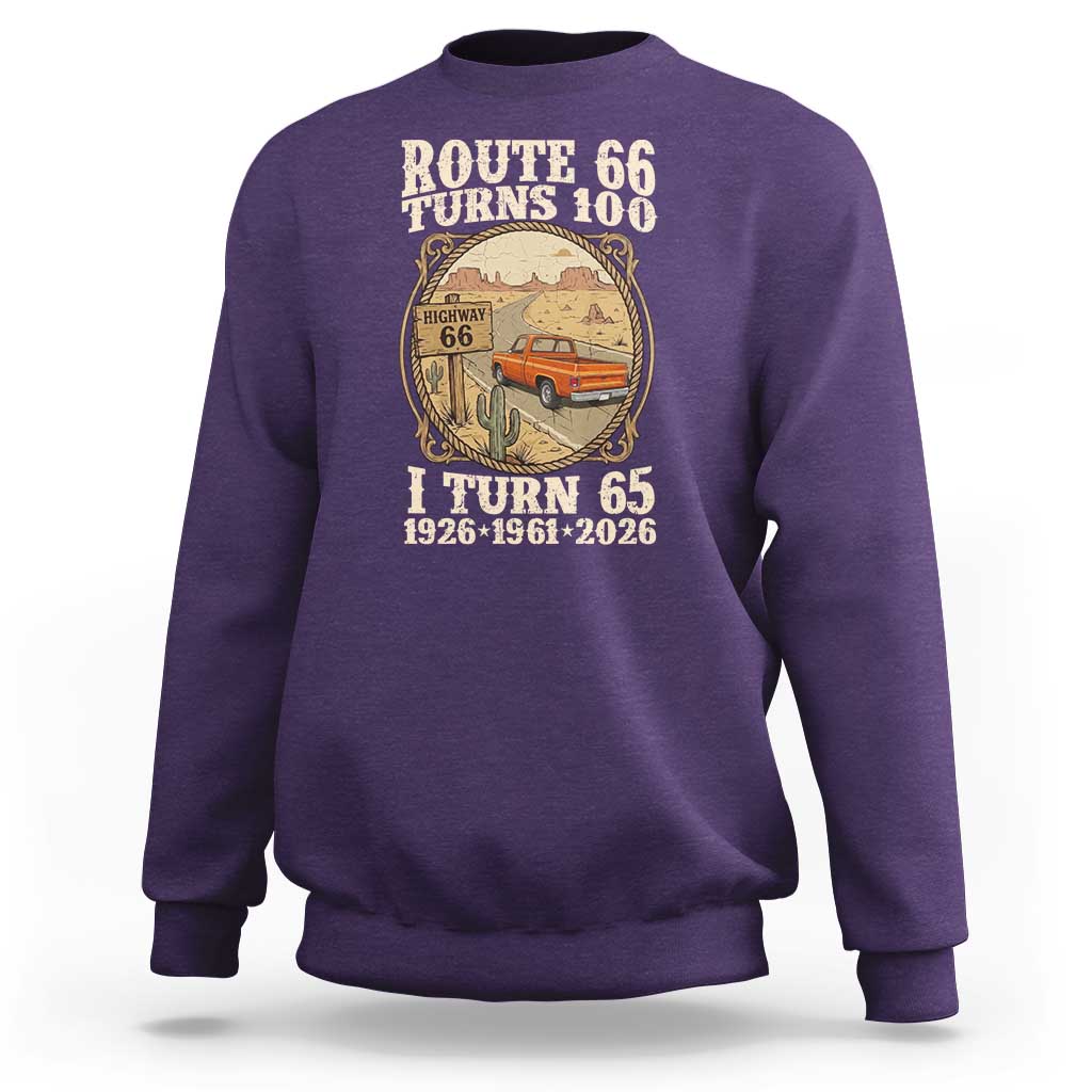 Route Highway 66 Turns 100 I Turn 65 Sweatshirt Vintage 1961 Road Sign Classic Pickup Truck Lover 65th Birthday Gift