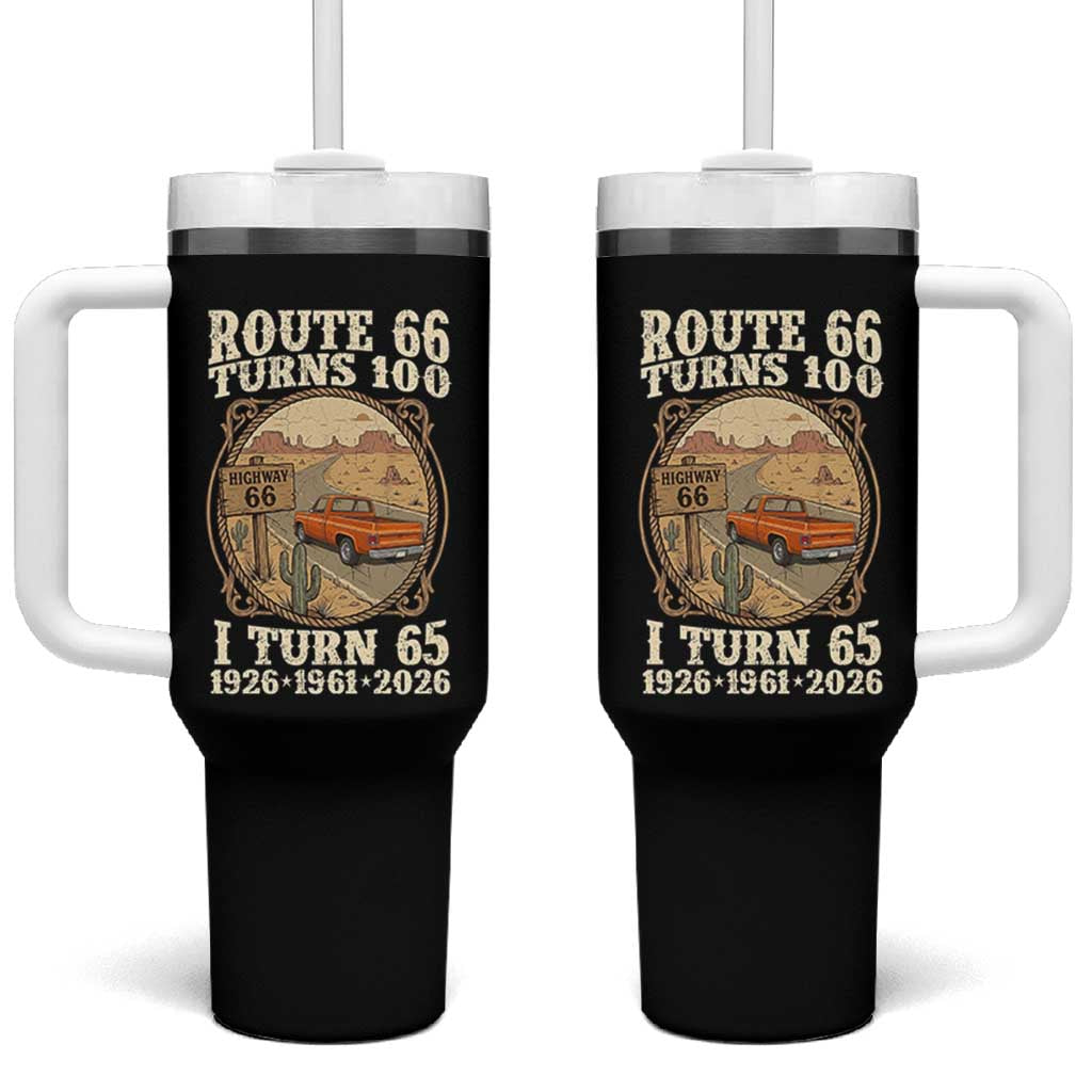 Route Highway 66 Turns 100 I Turn 65 Tumbler With Handle Vintage 1961 Road Sign Classic Pickup Truck Lover 65th Birthday Gift
