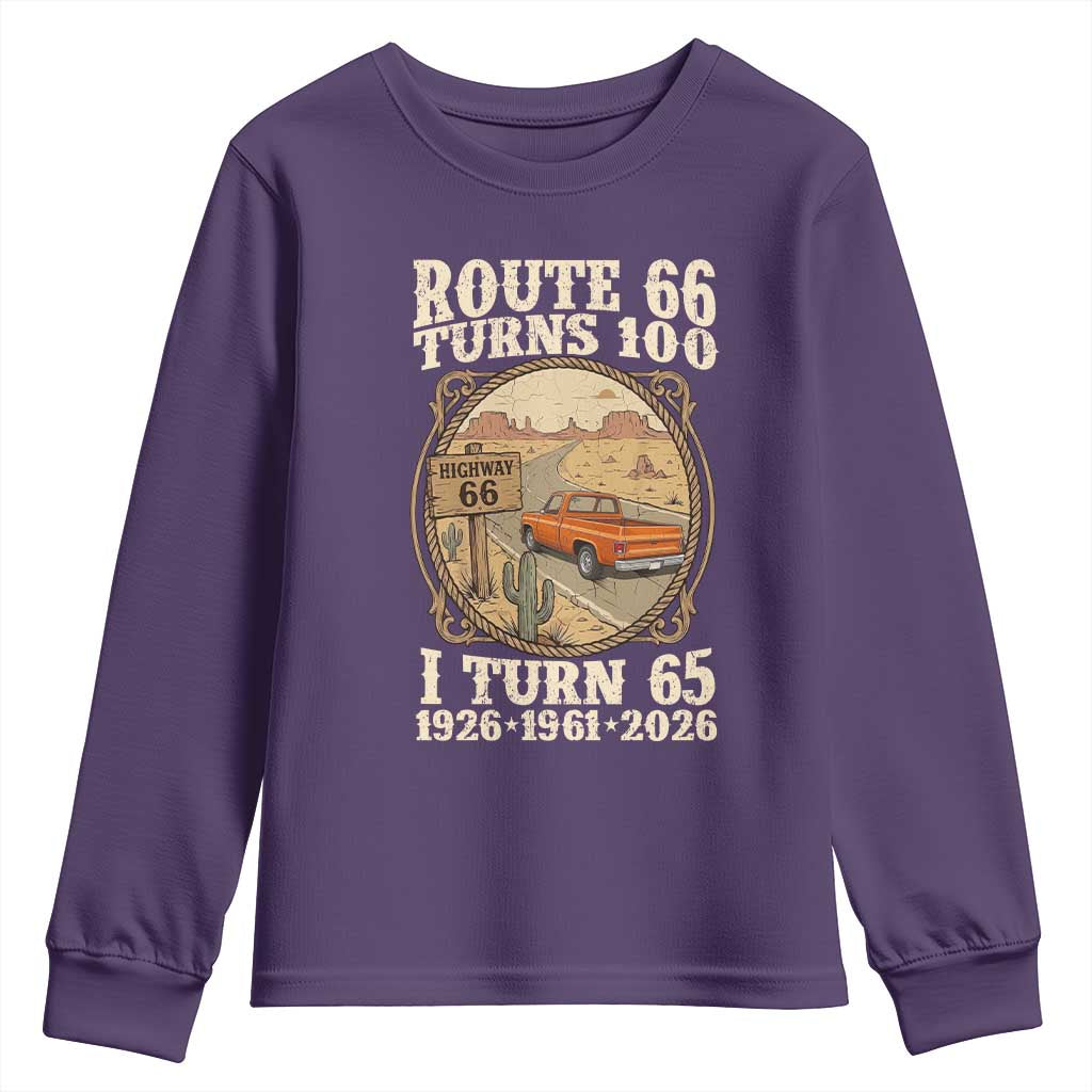 Route Highway 66 Turns 100 I Turn 65 Youth Sweatshirt Vintage 1961 Road Sign Classic Pickup Truck Lover 65th Birthday Gift