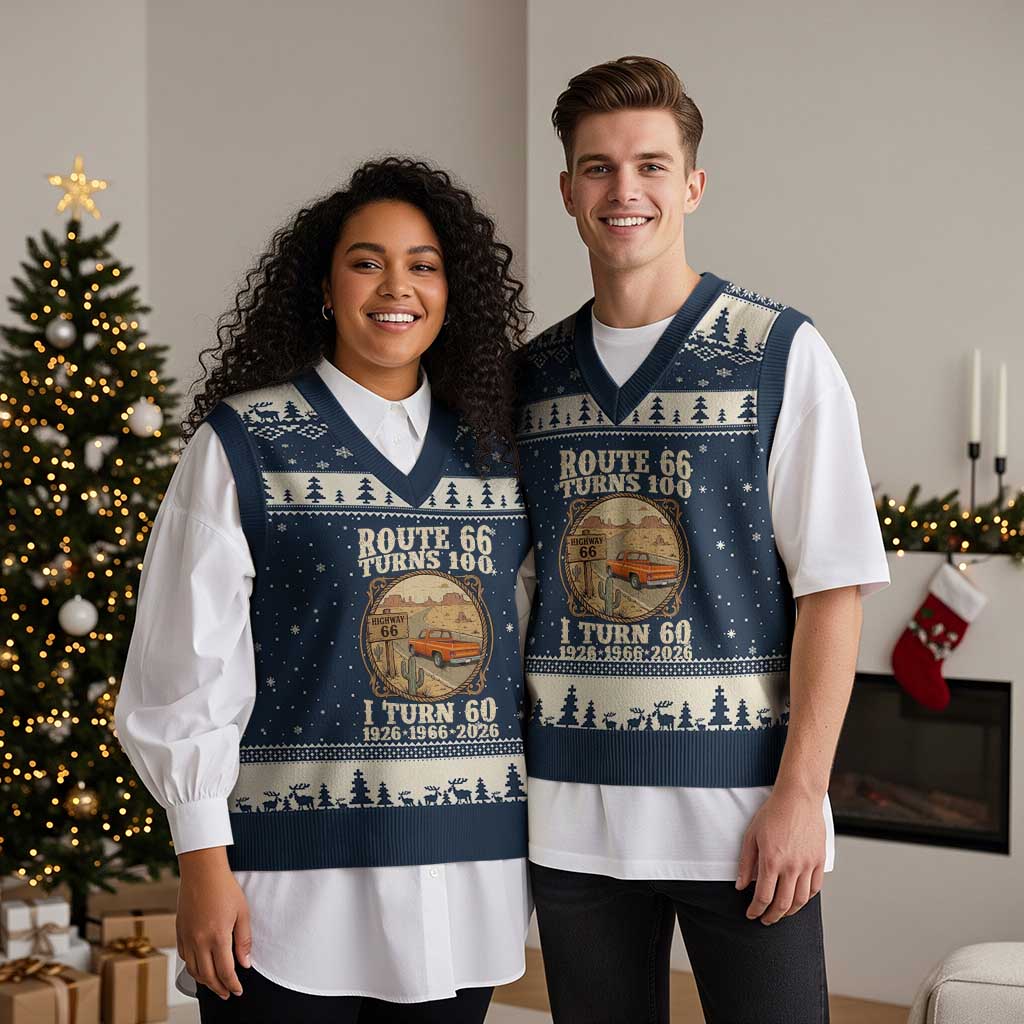 Route Highway 66 Turns 100 I Turn 60 V-Neck Knit Sweater Vest Vintage 1966 Road Sign Classic Pickup Truck Lover 60th Birthday Gift