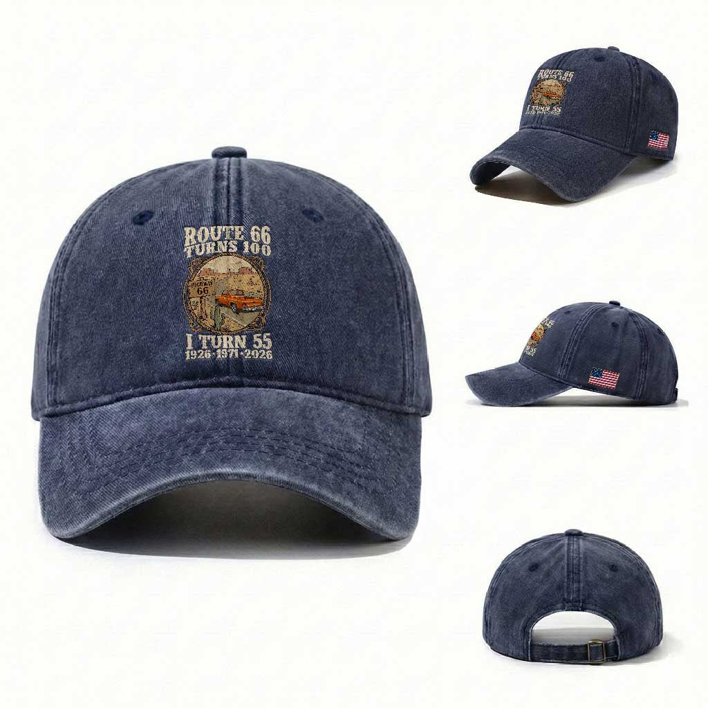 Route Highway 66 Turns 100 I Turn 55 Washed Cotton Baseball Cap Vintage 1971 Road Sign Classic Pickup Truck Lover 55th Birthday Gift
