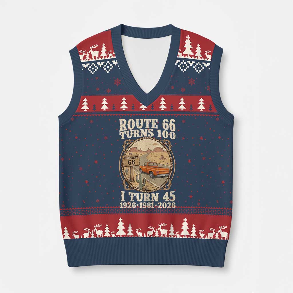 Route Highway 66 Turns 100 I Turn 45 V-Neck Knit Sweater Vest Vintage 1981 Road Sign Classic Pickup Truck Lover 45th Birthday Gift
