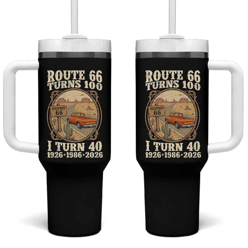 Route Highway 66 Turns 100 I Turn 40 Tumbler With Handle Vintage 1986 Road Sign Classic Pickup Truck Lover 40th Birthday Gift