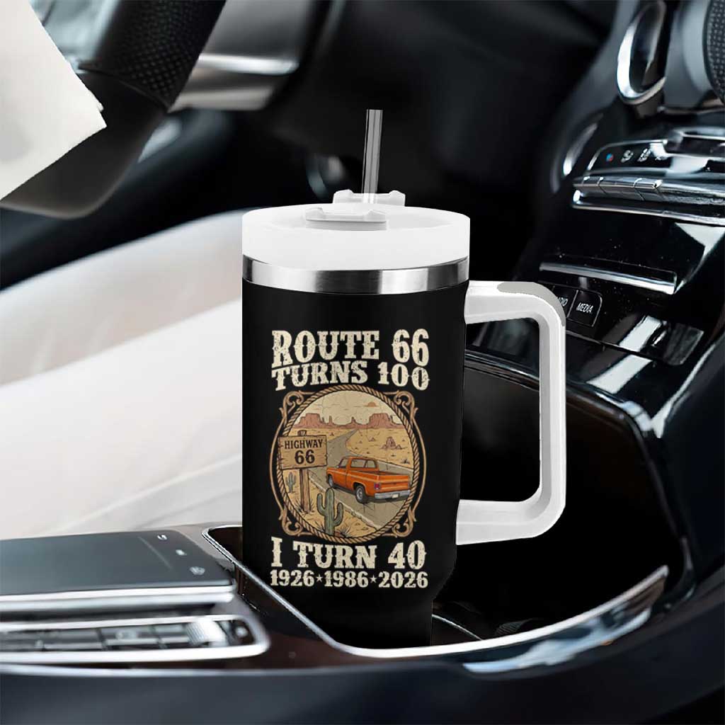 Route Highway 66 Turns 100 I Turn 40 Tumbler With Handle Vintage 1986 Road Sign Classic Pickup Truck Lover 40th Birthday Gift