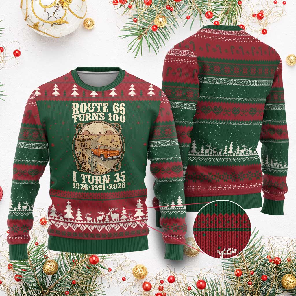 Route Highway 66 Turns 100 I Turn 35 Ugly Christmas Sweater Vintage 1991 Road Sign Classic Pickup Truck Lover 35th Birthday Gift