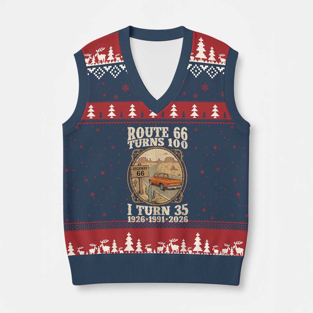 Route Highway 66 Turns 100 I Turn 35 V-Neck Knit Sweater Vest Vintage 1991 Road Sign Classic Pickup Truck Lover 35th Birthday Gift