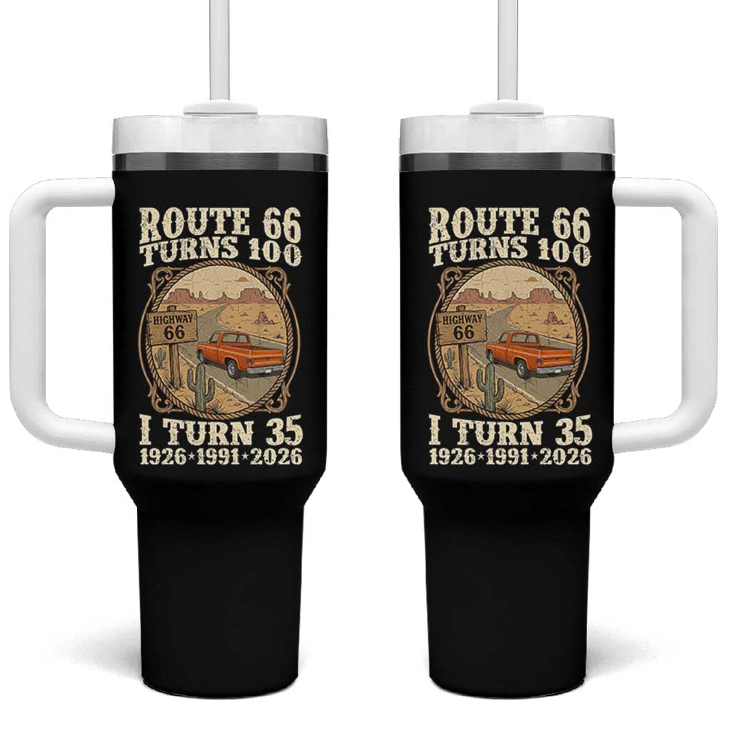 Route Highway 66 Turns 100 I Turn 35 Tumbler With Handle Vintage 1991 Road Sign Classic Pickup Truck Lover 35th Birthday Gift