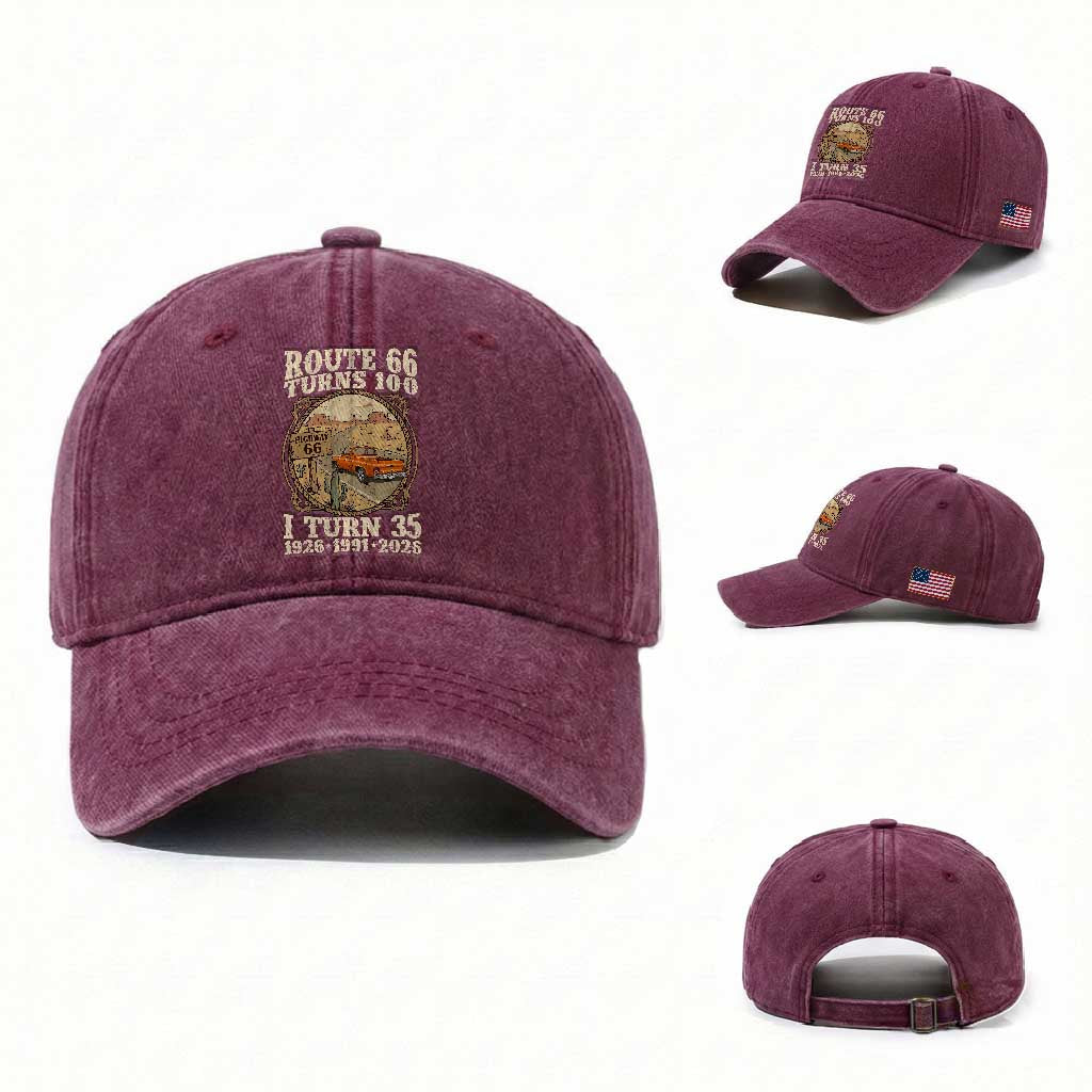 Route Highway 66 Turns 100 I Turn 35 Washed Cotton Baseball Cap Vintage 1991 Road Sign Classic Pickup Truck Lover 35th Birthday Gift