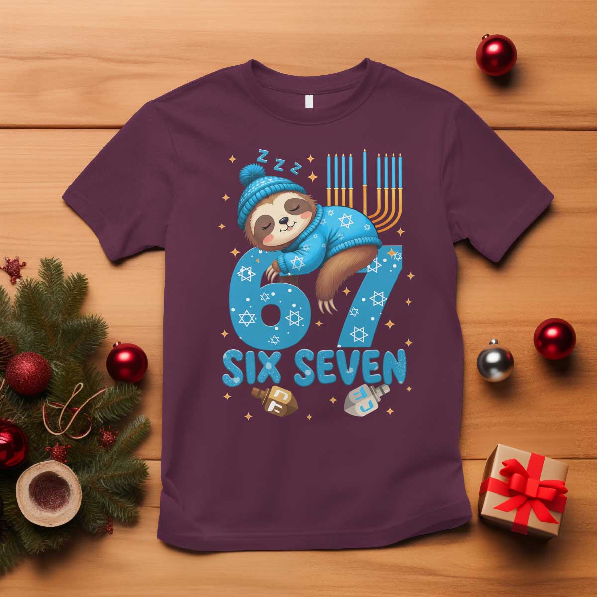 67 Six Seven Meme T Shirt Funny Hanukkah Sloth - Wonder Print Shop