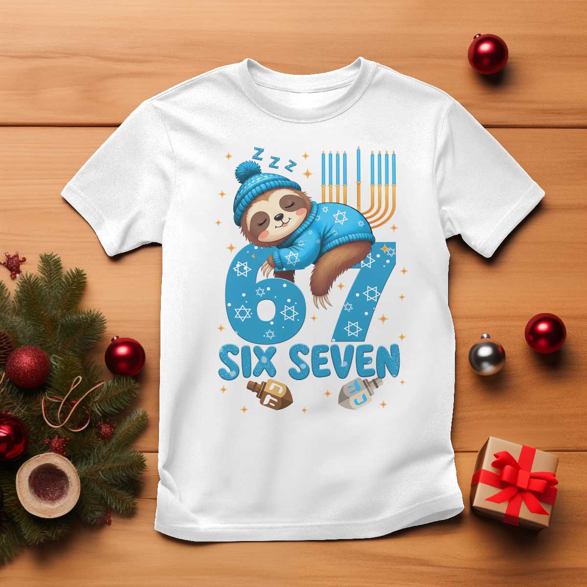 67 Six Seven Meme T Shirt Funny Hanukkah Sloth - Wonder Print Shop