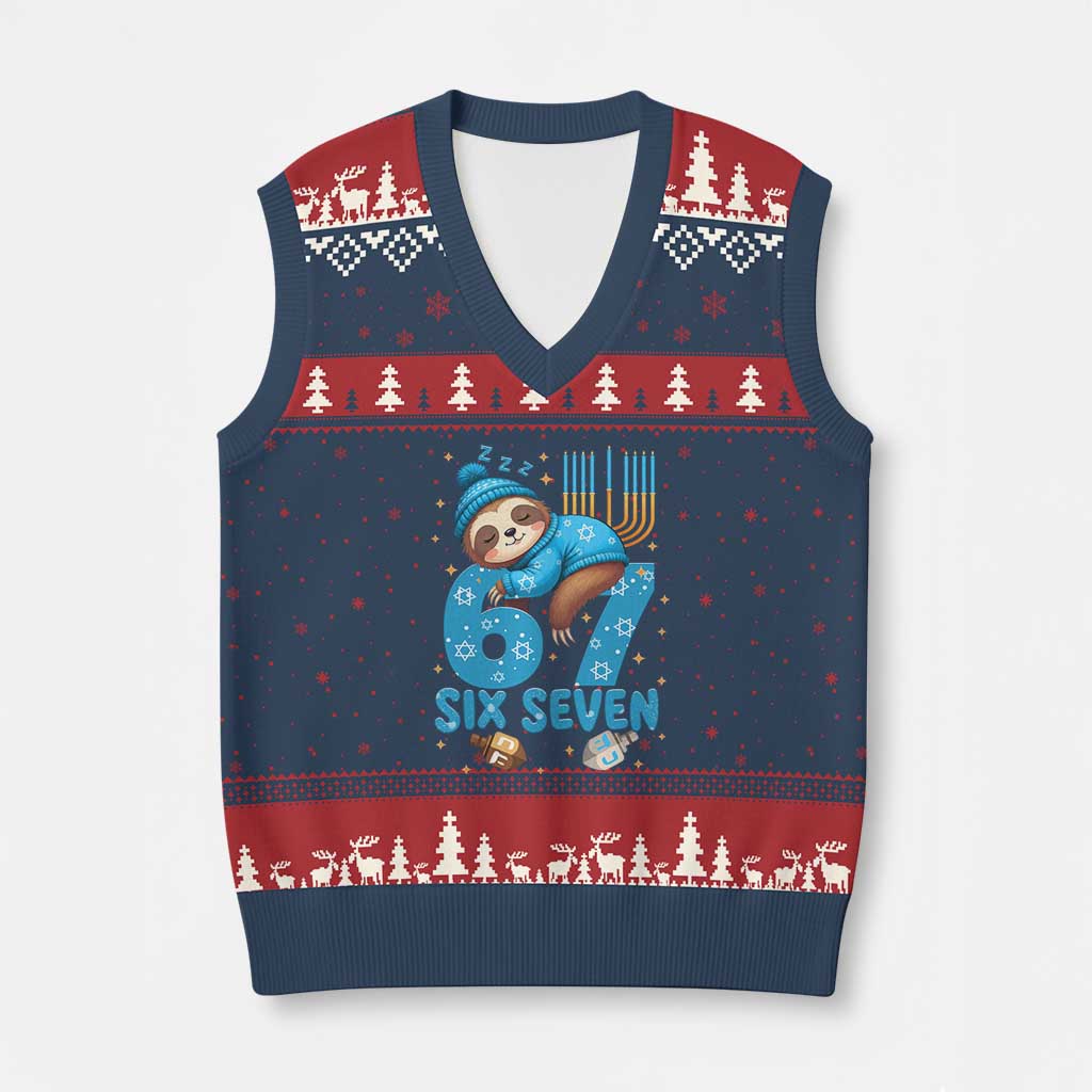 67 Six Seven Meme V-Neck Knit Sweater Vest Funny Hanukkah Sloth - Wonder Print Shop