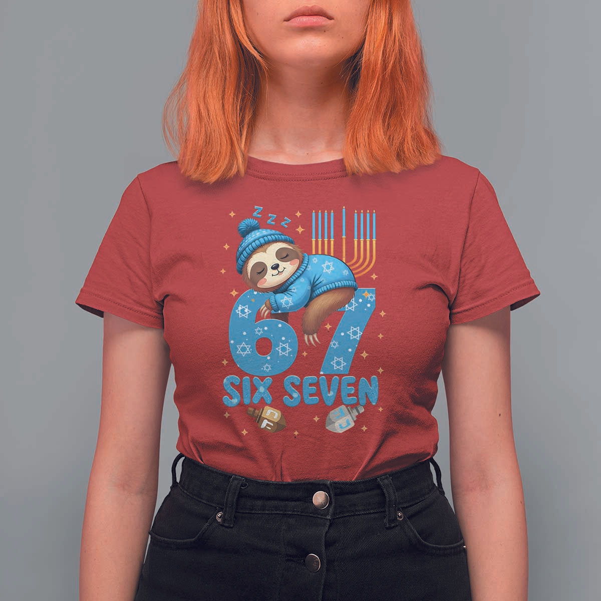 67 Six Seven Meme T Shirt For Women Funny Hanukkah Sloth - Wonder Print Shop