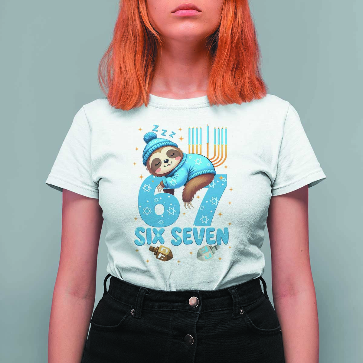 67 Six Seven Meme T Shirt For Women Funny Hanukkah Sloth - Wonder Print Shop