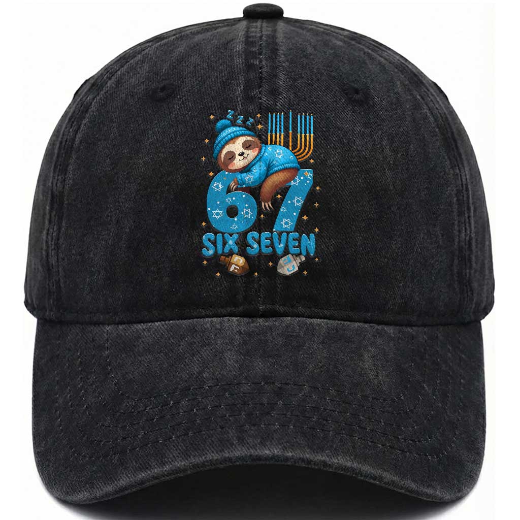 67 Six Seven Meme Washed Cotton Baseball Cap Funny Hanukkah Sloth