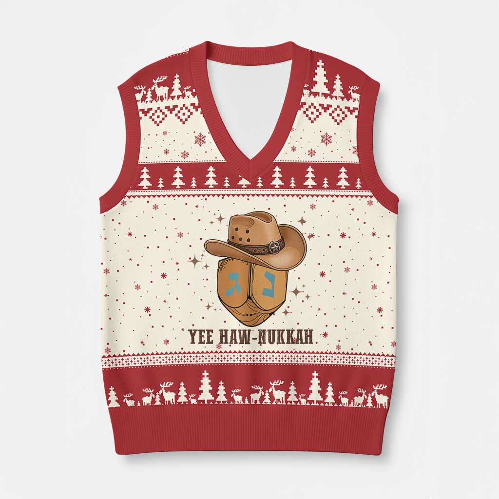 Yee Haw Nukkah V-Neck Knit Sweater Vest Funny Cowboy Hanukkah - Wonder Print Shop
