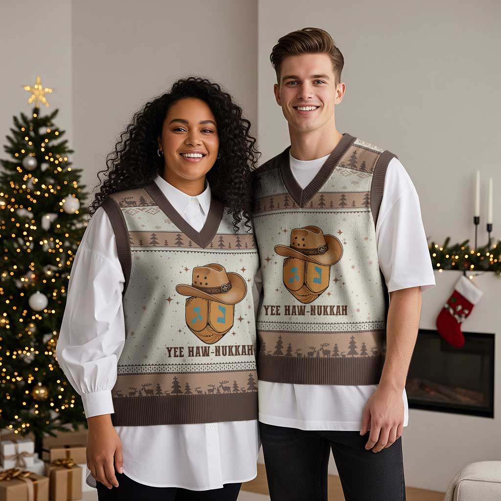Yee Haw Nukkah V-Neck Knit Sweater Vest Funny Cowboy Hanukkah - Wonder Print Shop