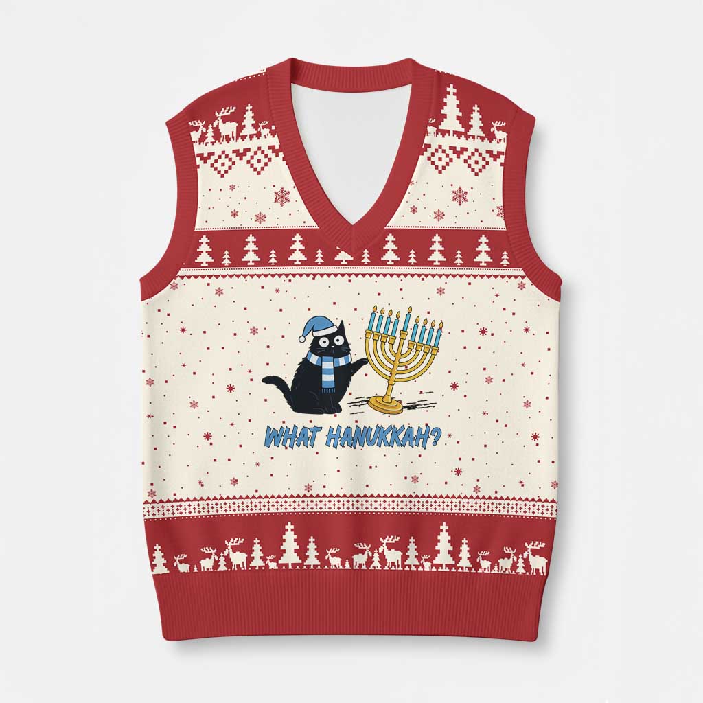 Funny Black Cat Hanukkah Chanukah V-Neck Knit Sweater Vest - Wonder Print Shop