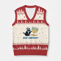Funny Black Cat Hanukkah Chanukah V-Neck Knit Sweater Vest - Wonder Print Shop