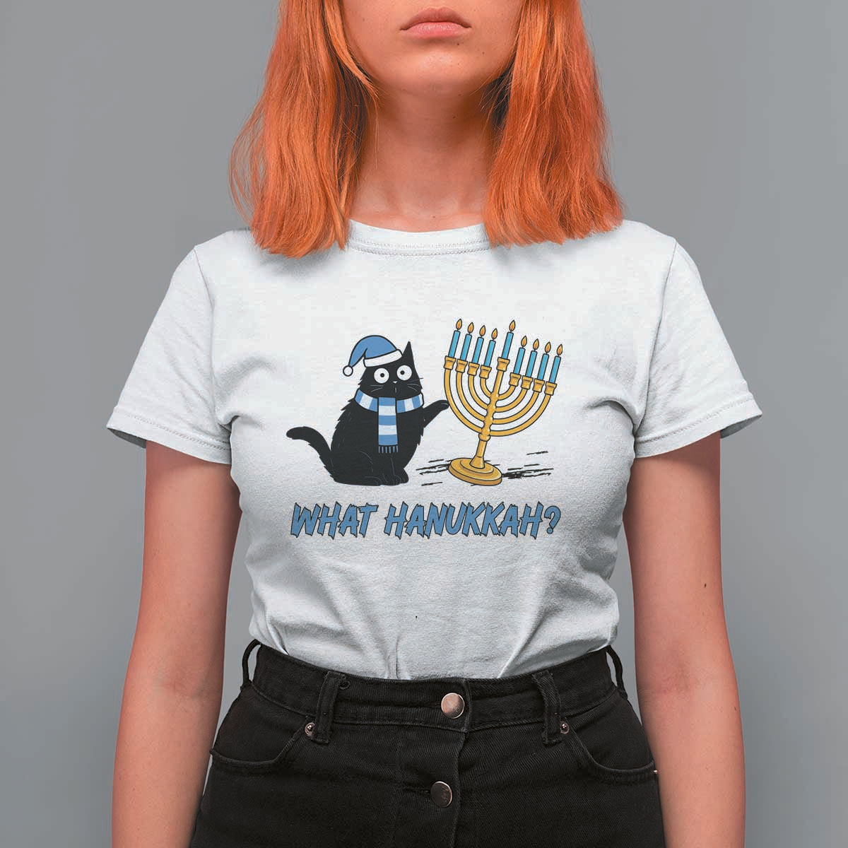 Funny Black Cat Hanukkah Chanukah T Shirt For Women - Wonder Print Shop