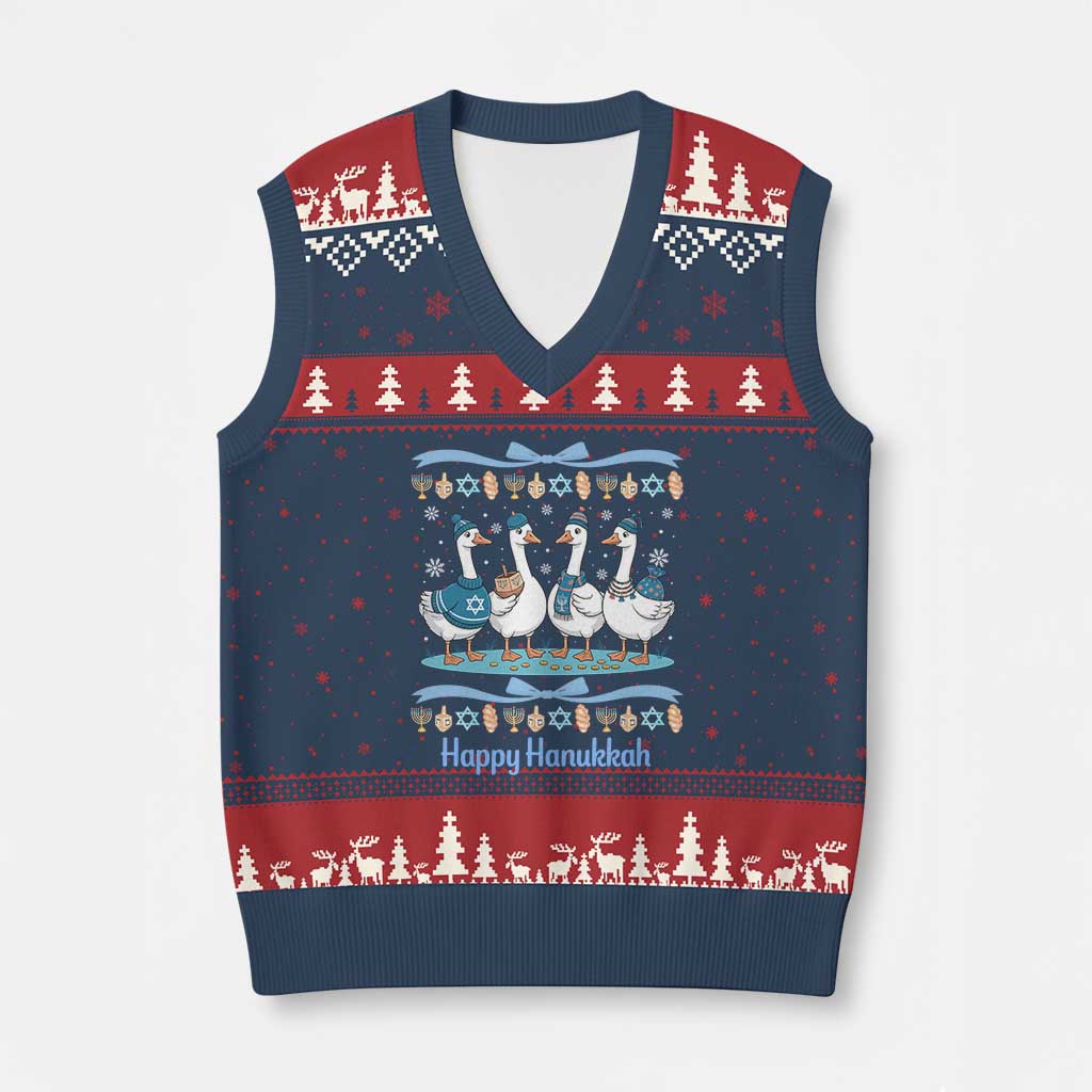 Happy Hanukkah V-Neck Knit Sweater Vest Funny Silly Goose Chanukah - Wonder Print Shop