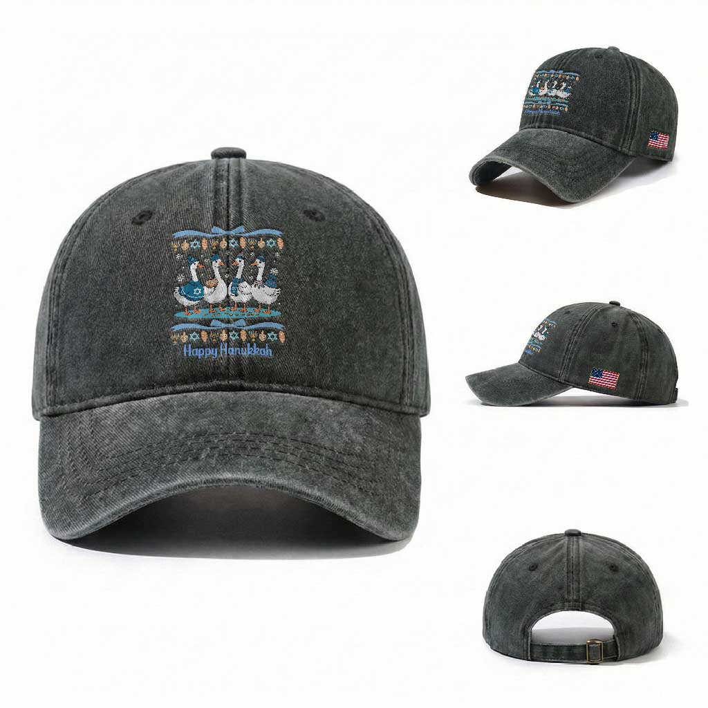 Happy Hanukkah Washed Cotton Baseball Cap Funny Silly Goose Chanukah