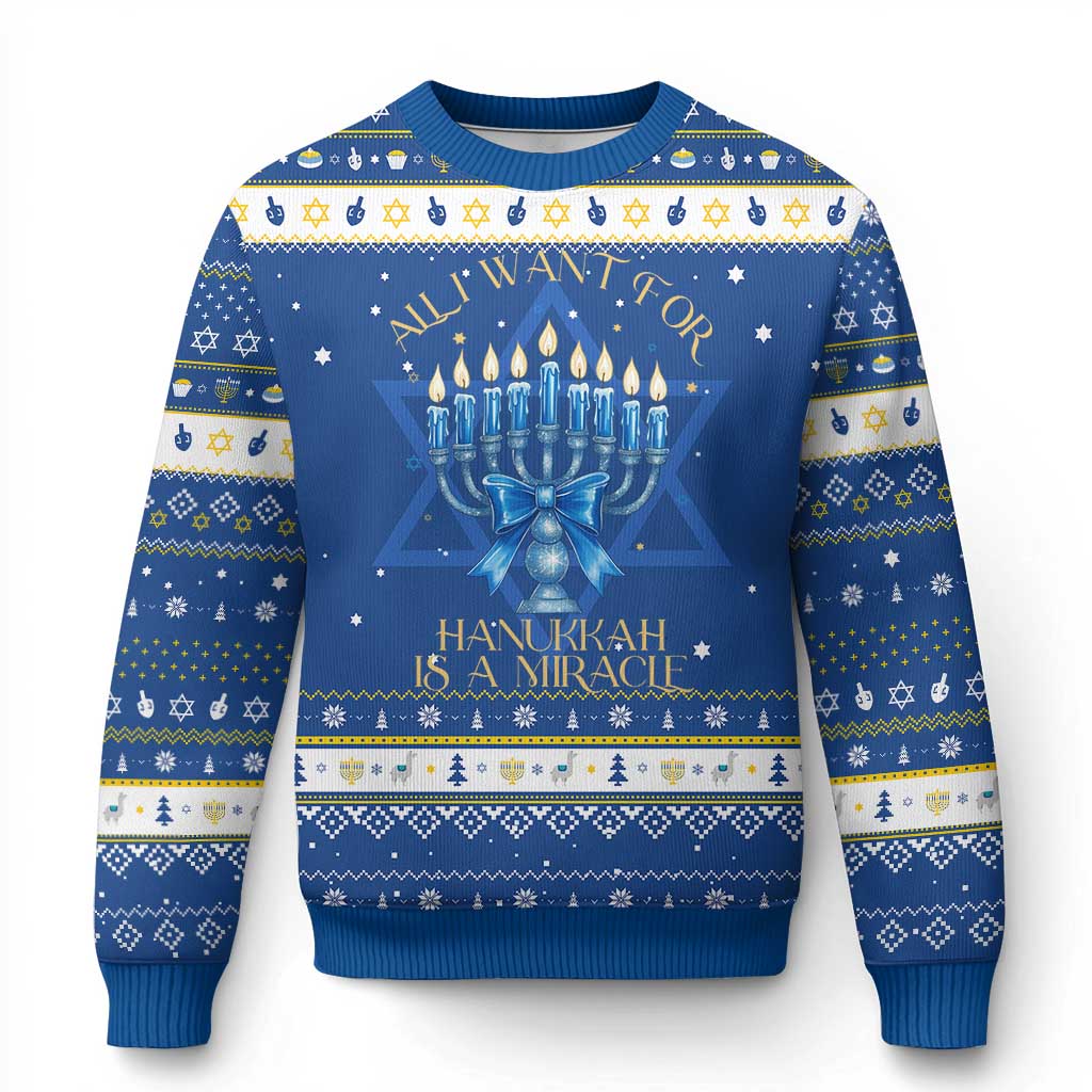 Menorah Coquette Jewish Bow Hanukkah Ugly Sweater All I Want Is A Miracle Hanukkiah - Wonder Print Shop
