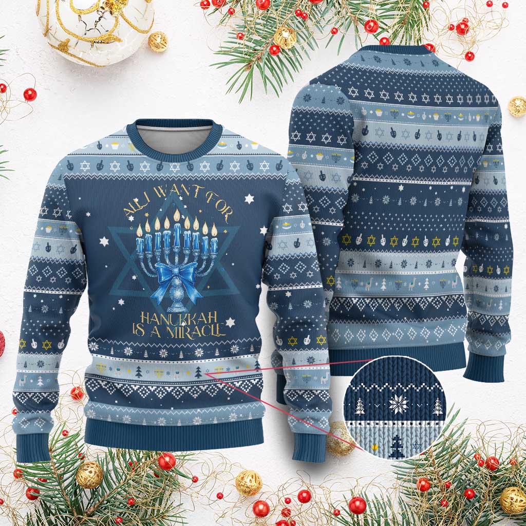 Menorah Coquette Jewish Bow Hanukkah Ugly Sweater All I Want Is A Miracle Hanukkiah - Wonder Print Shop