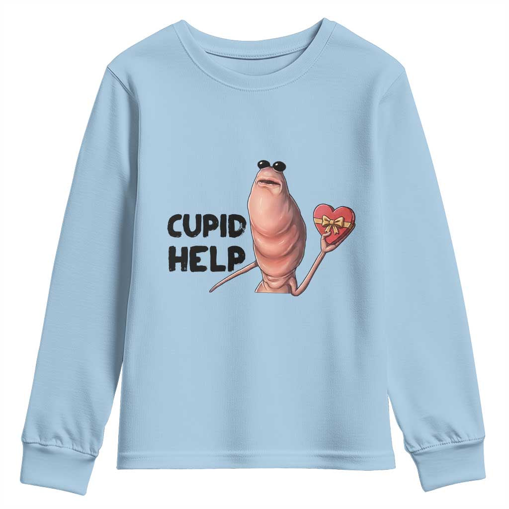 Marcus The Worm Valentine Meme Youth Sweatshirt Cupid Help - Wonder Print Shop