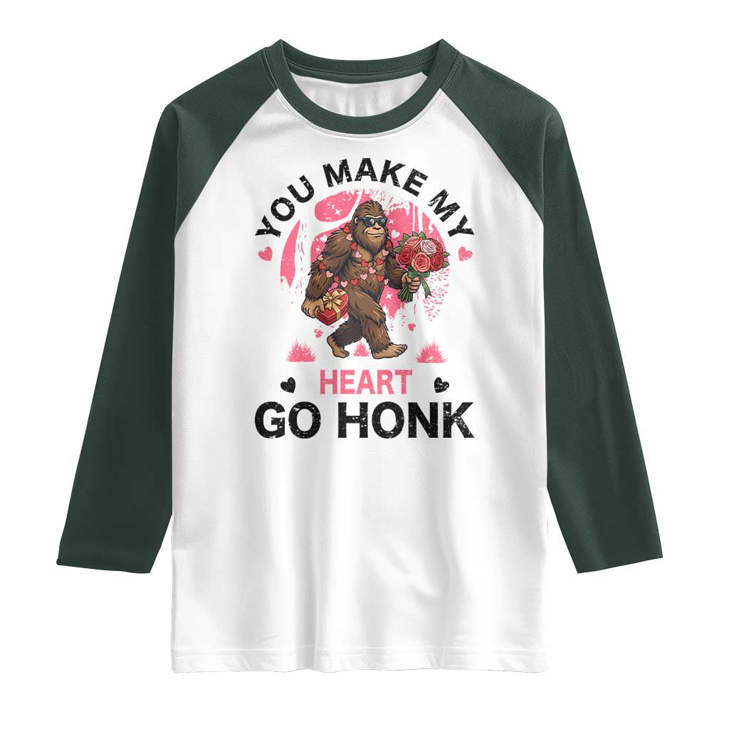 You Make My Heart Go Honk Raglan Shirt Funny Bigfoot Valentine Meme - Wonder Print Shop