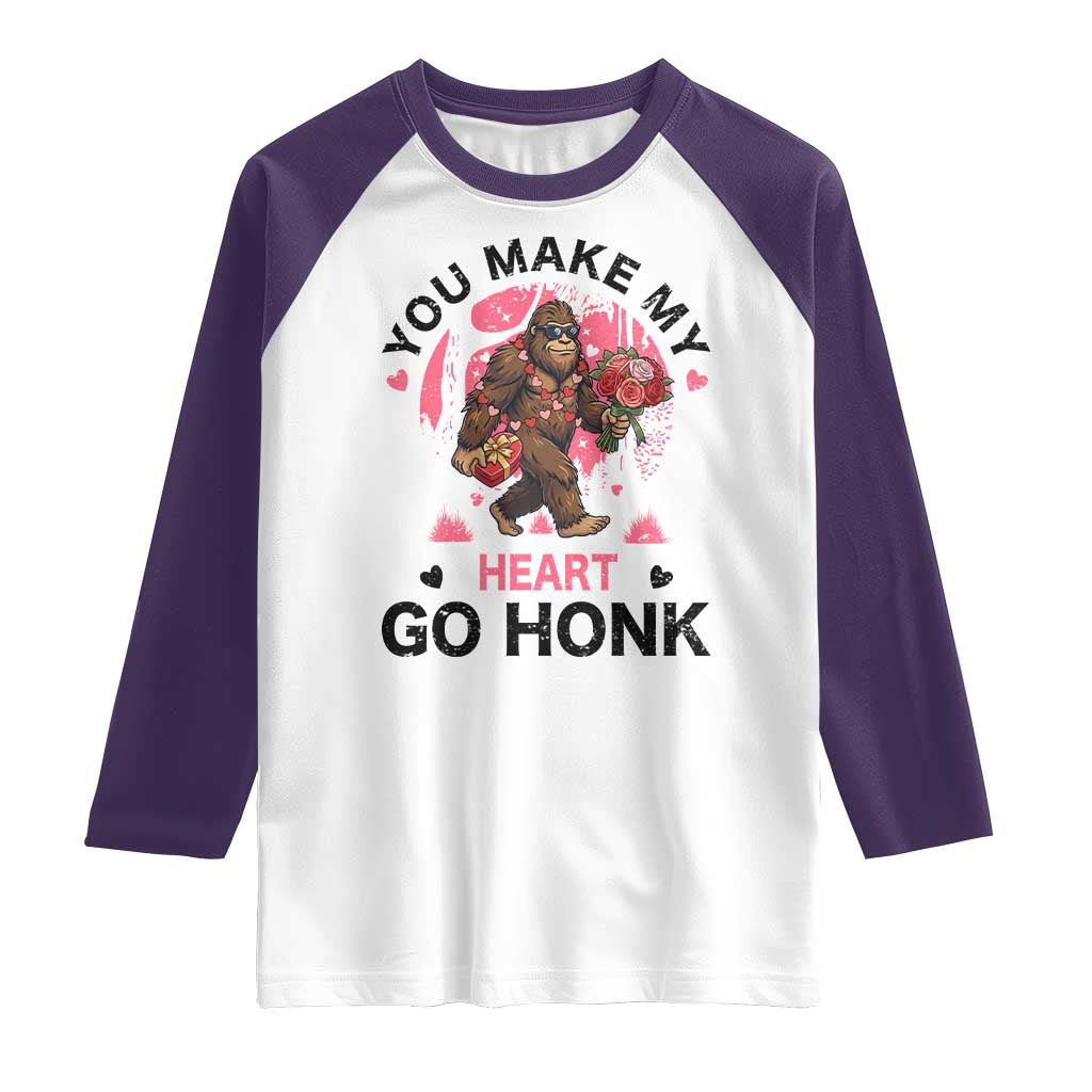 You Make My Heart Go Honk Raglan Shirt Funny Bigfoot Valentine Meme - Wonder Print Shop