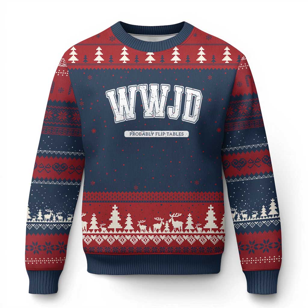 Funny Christian Ugly Christmas Sweater WWJD Probably Flip Tables - Wonder Print Shop