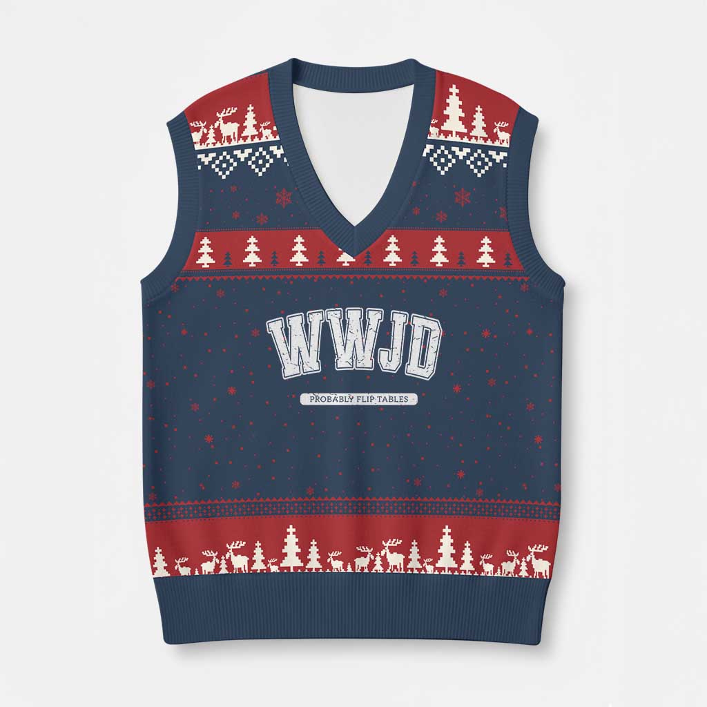 Funny Christian V-Neck Knit Sweater Vest WWJD Probably Flip Tables - Wonder Print Shop