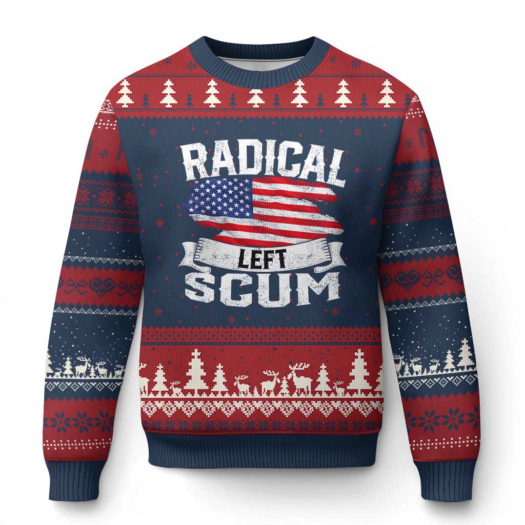 Radical Left Scum Ugly Christmas Sweater Funny Political Quote American Flag