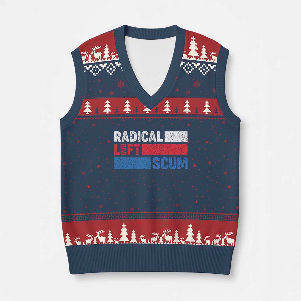 Radical Left Scum V-Neck Knit Sweater Vest Sarcastic Political Quote American Flag