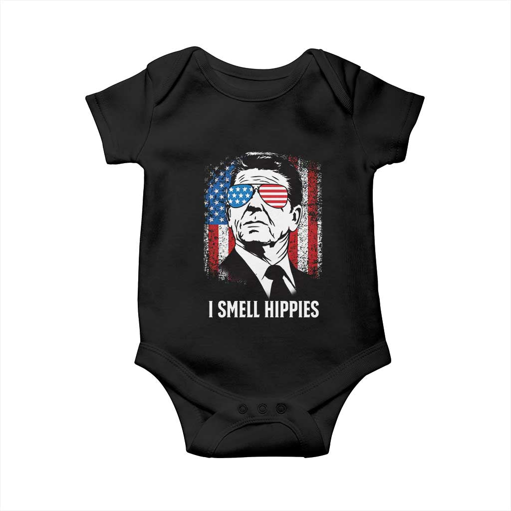 Ronald Reagan 4th of July America Flag Baby Onesie I Smell Hippies