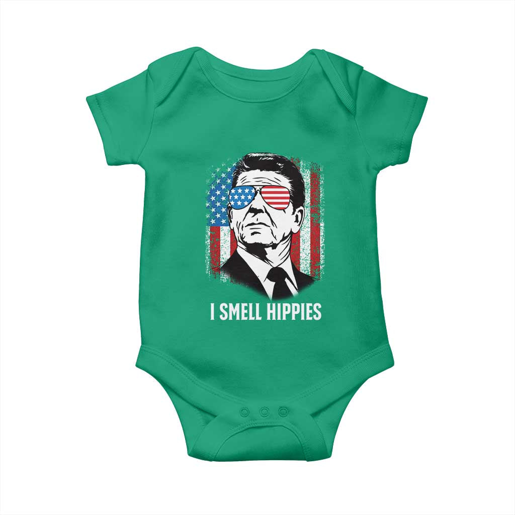 Ronald Reagan 4th of July America Flag Baby Onesie I Smell Hippies