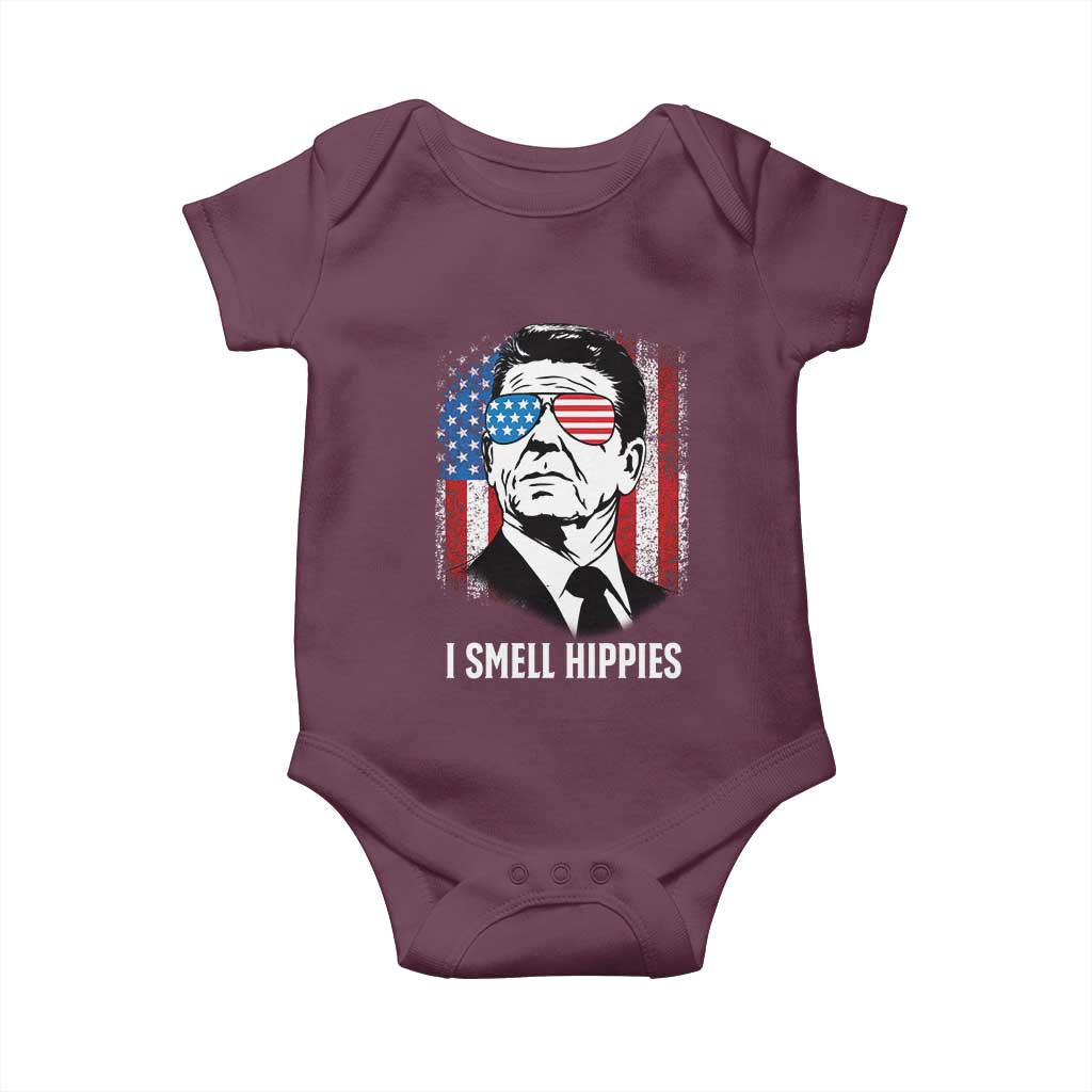 Ronald Reagan 4th of July America Flag Baby Onesie I Smell Hippies