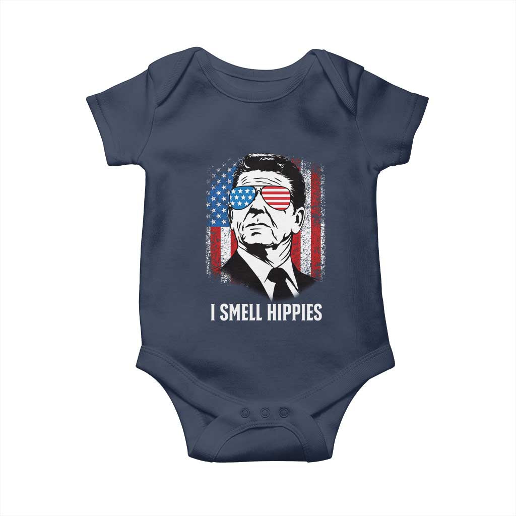 Ronald Reagan 4th of July America Flag Baby Onesie I Smell Hippies