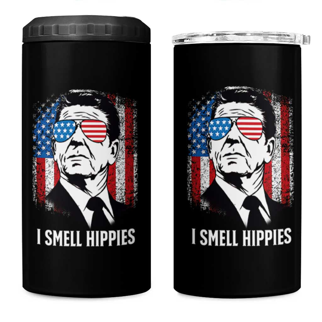 Ronald Reagan 4th of July America Flag 4 in 1 Can Cooler Tumbler I Smell Hippies