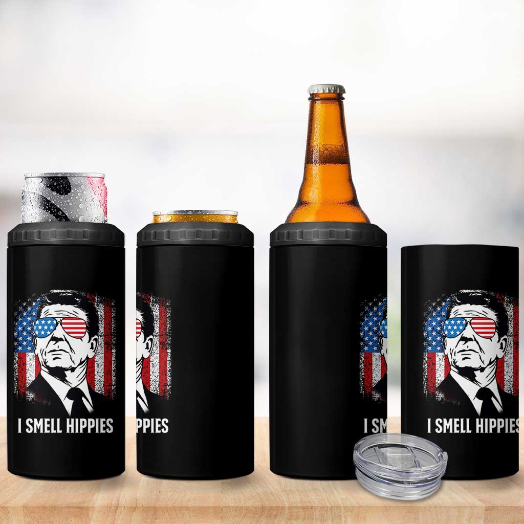 Ronald Reagan 4th of July America Flag 4 in 1 Can Cooler Tumbler I Smell Hippies