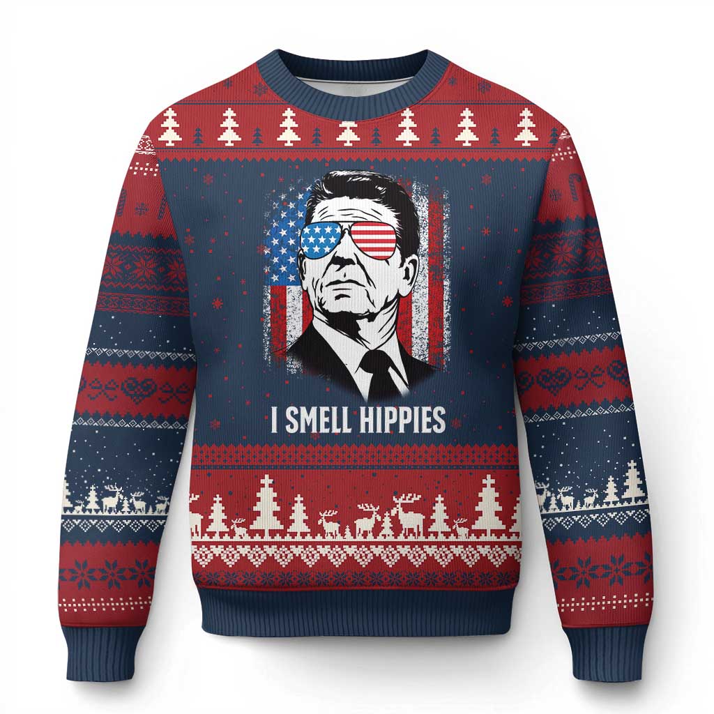 Ronald Reagan 4th of July America Flag Ugly Christmas Sweater I Smell Hippies