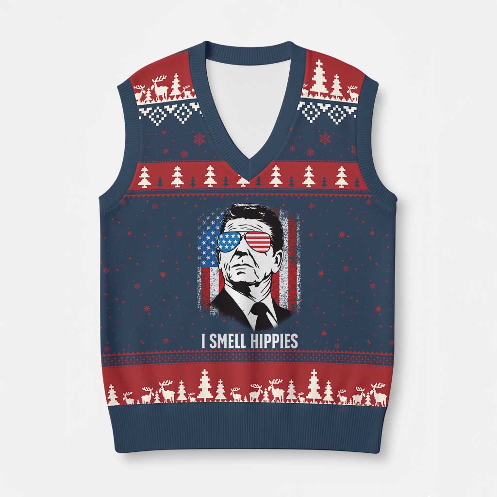 Ronald Reagan 4th of July America Flag V-Neck Knit Sweater Vest I Smell Hippies