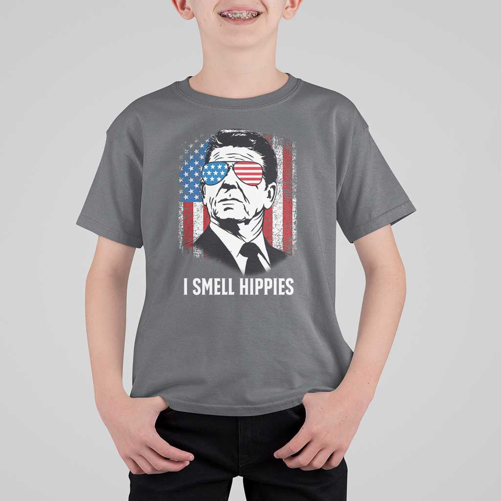 Ronald Reagan 4th of July America Flag T Shirt For Kid I Smell Hippies