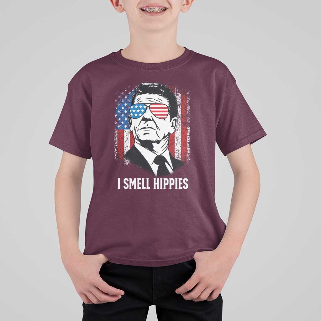Ronald Reagan 4th of July America Flag T Shirt For Kid I Smell Hippies