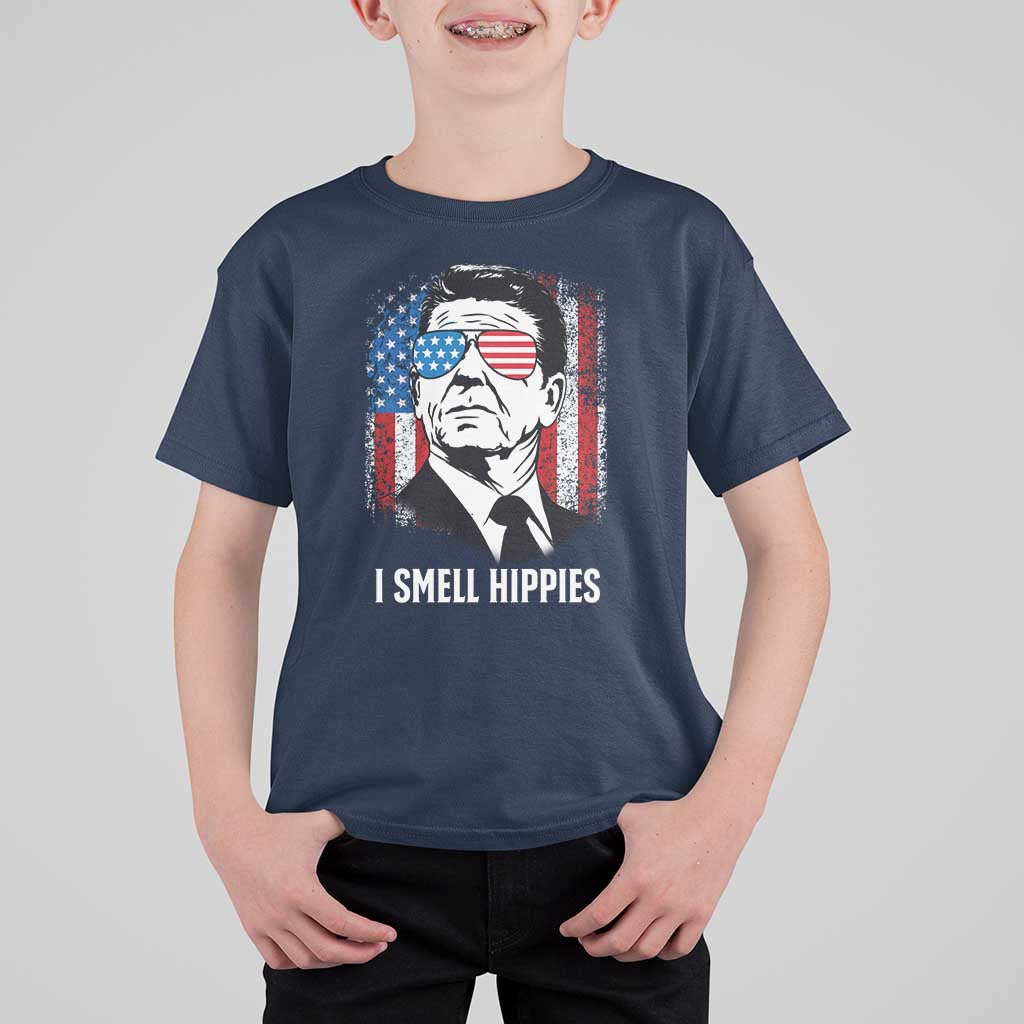 Ronald Reagan 4th of July America Flag T Shirt For Kid I Smell Hippies